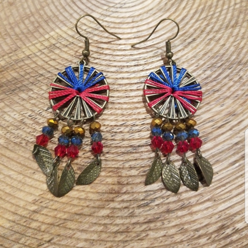 New Boho Earrings Bronze Blue Beads Drop Chandelier Gold Leaf Red Round Vintage